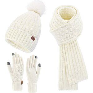 Women’s White Winter Beanie Hat Scarf & Touchscreen Gloves 3-in-1 Gift